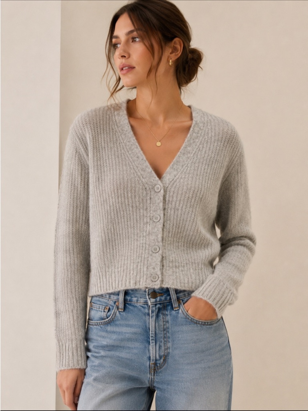 27 Miles Malibu Cashmere Silk Cardigan Gray Ribbed Button Sweater XS